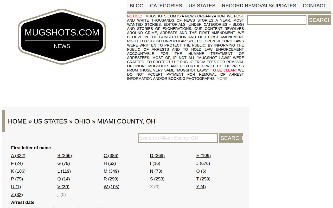 Miami County mugshot news source interface for an unofficial county index