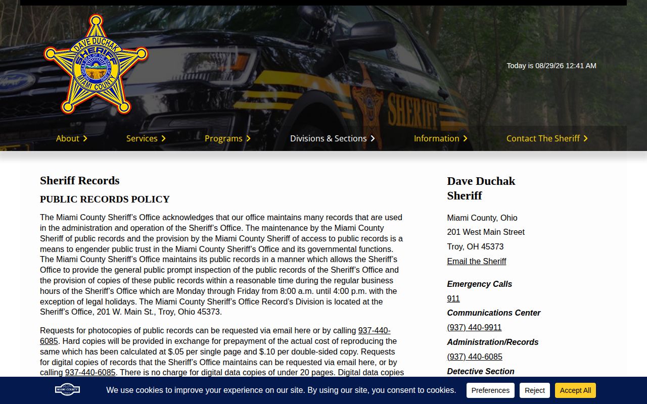 Miami County Sheriff booking-record request information