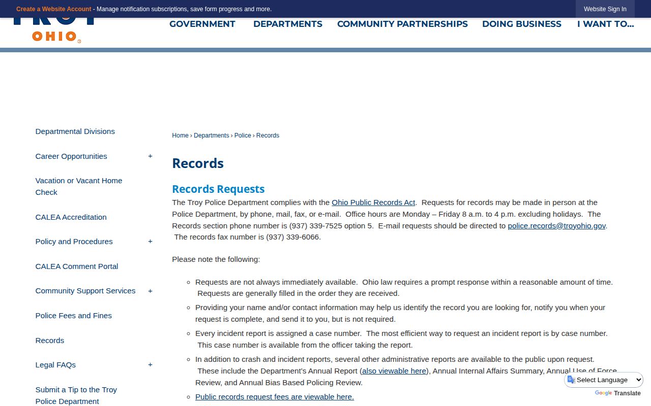 Troy Police Miami County arrest-record request page
